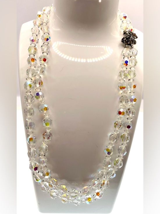 Vintage AB Crystal Double Strand Necklace Rhinestone Clasp Wedding Bridal - Picture 3 of 9